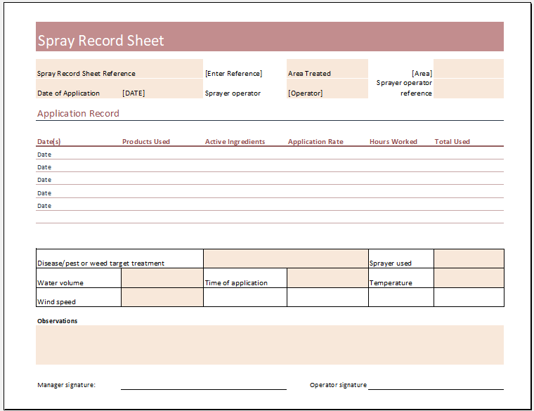 Spray Record Sheet Template Spray Record Sheet Template