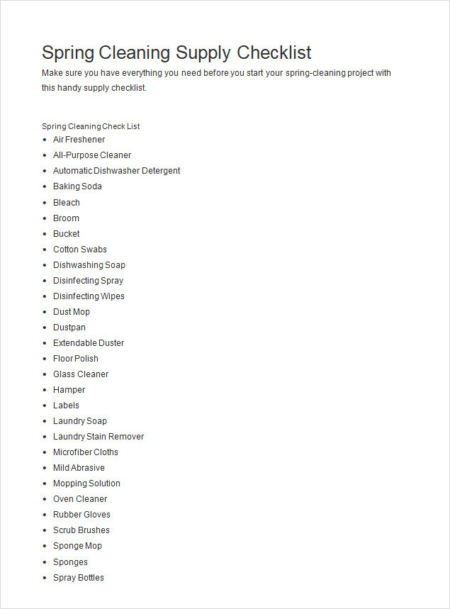 Spring Cleaning Supply Checklist Template Word Spring Cleaning Supply Checklist Template Word