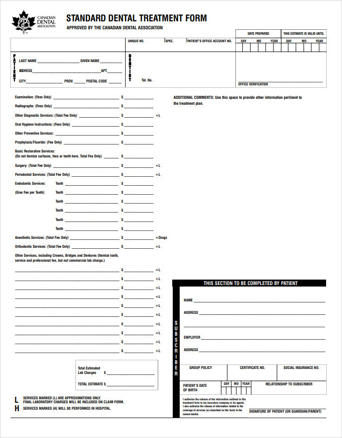 Standard Dental Treatment Form Standard Dental Treatment Form