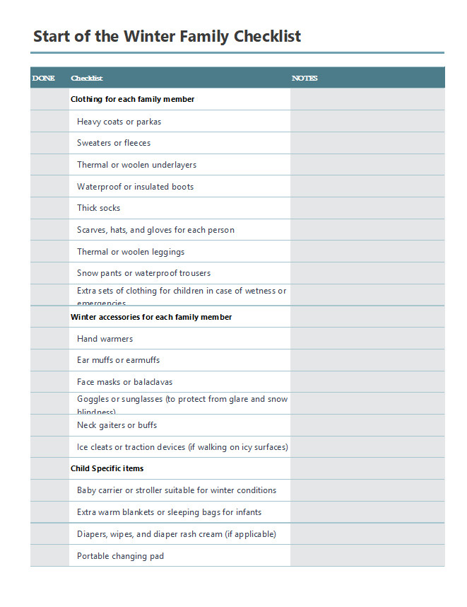 Start of The Winter Family Checklist Template