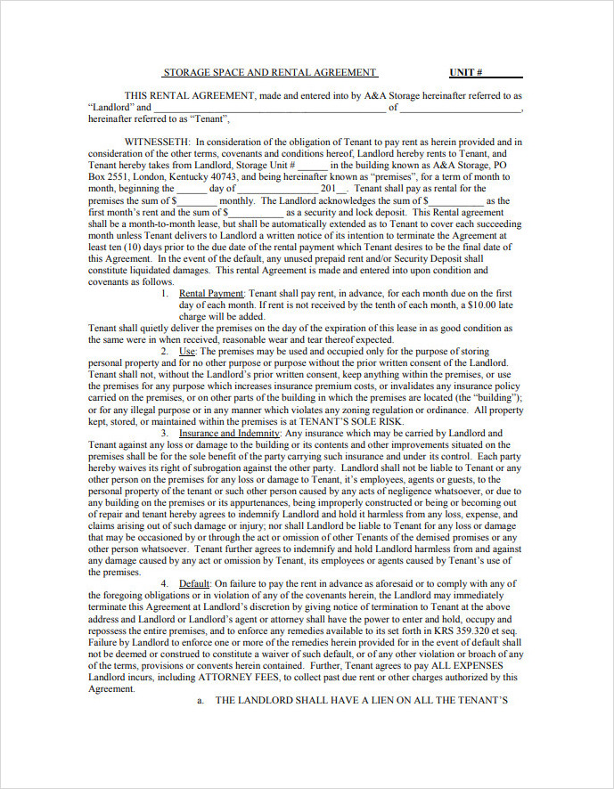 Storage Space Rental Agreement Template Storage Space Rental Agreement Template