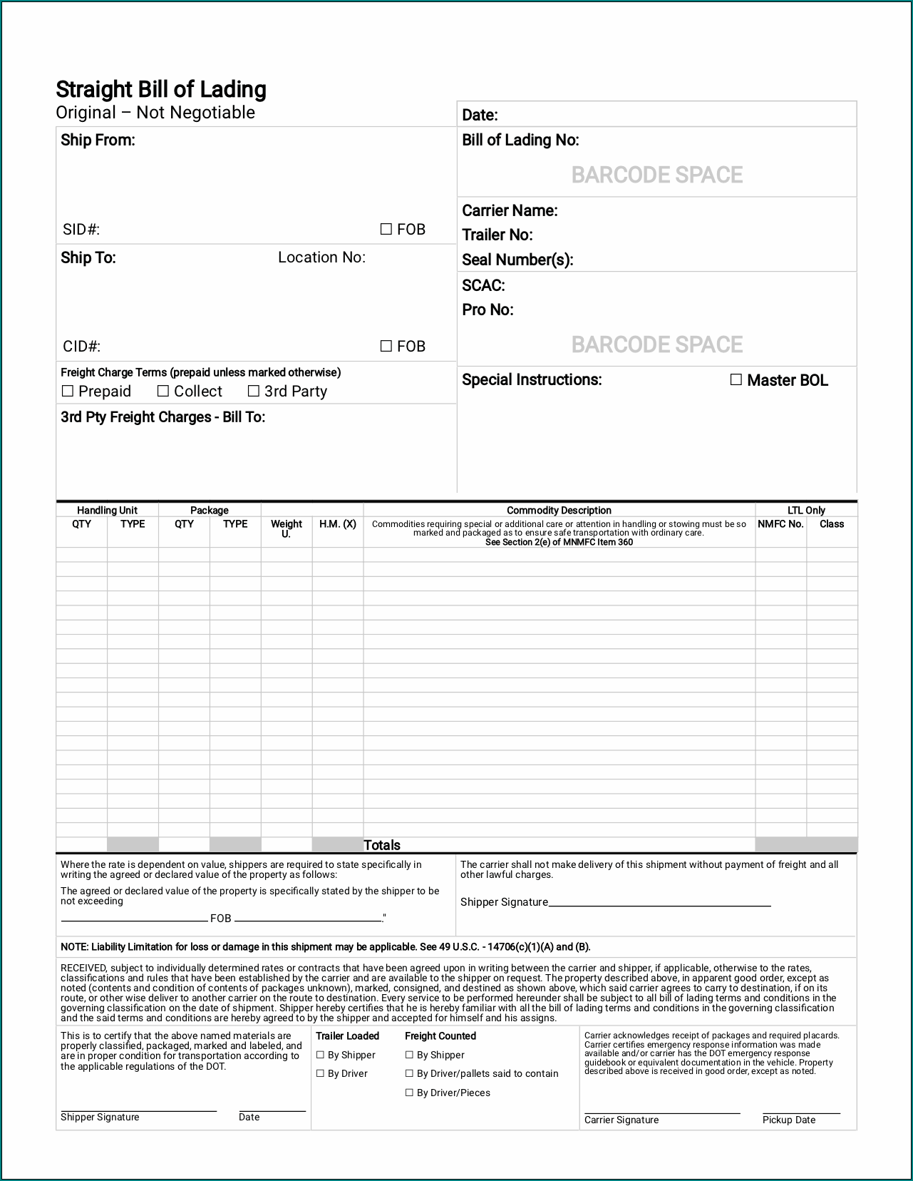 Straight Bill Of Lading Form Example