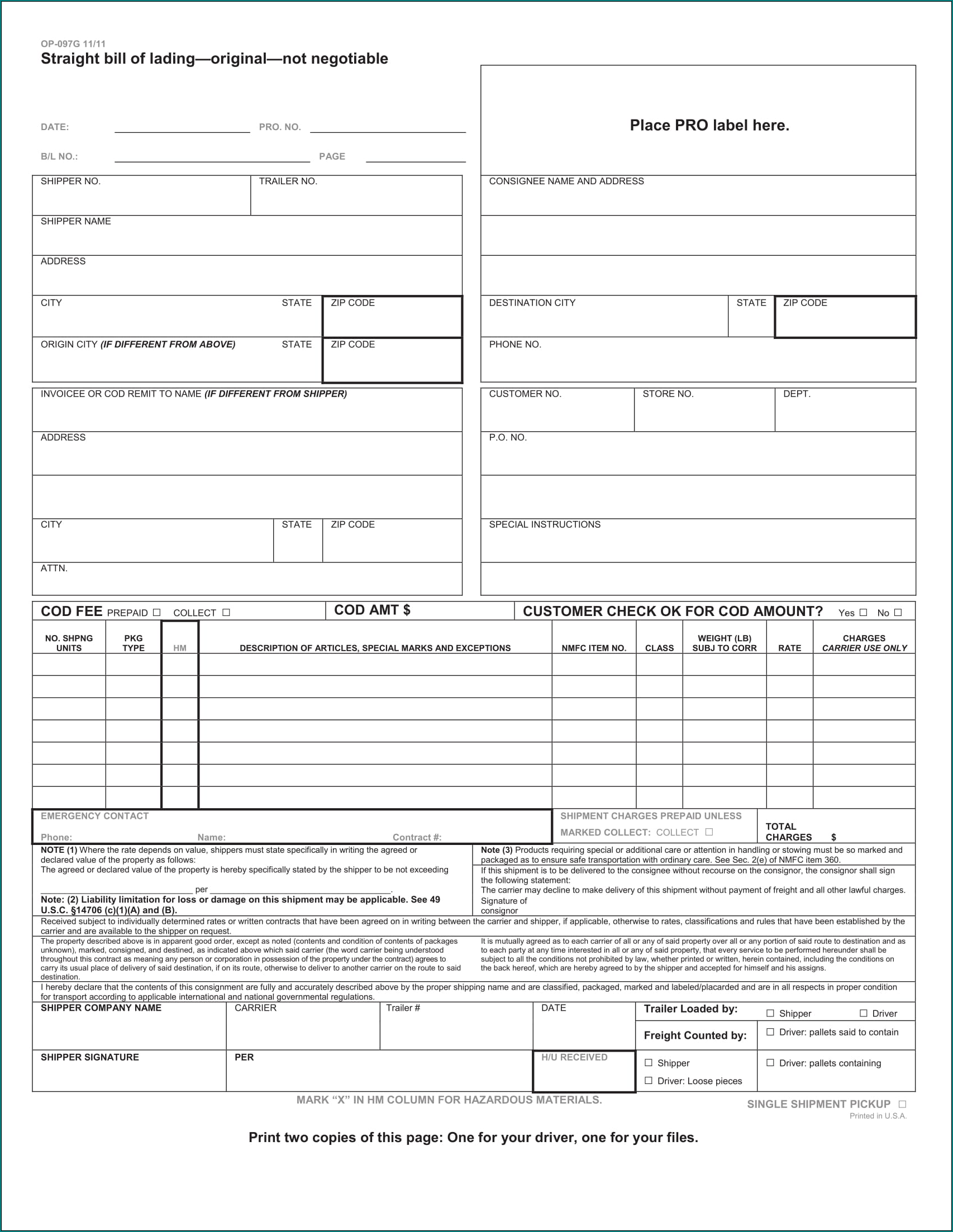 Straight Bill Of Lading Form Sample