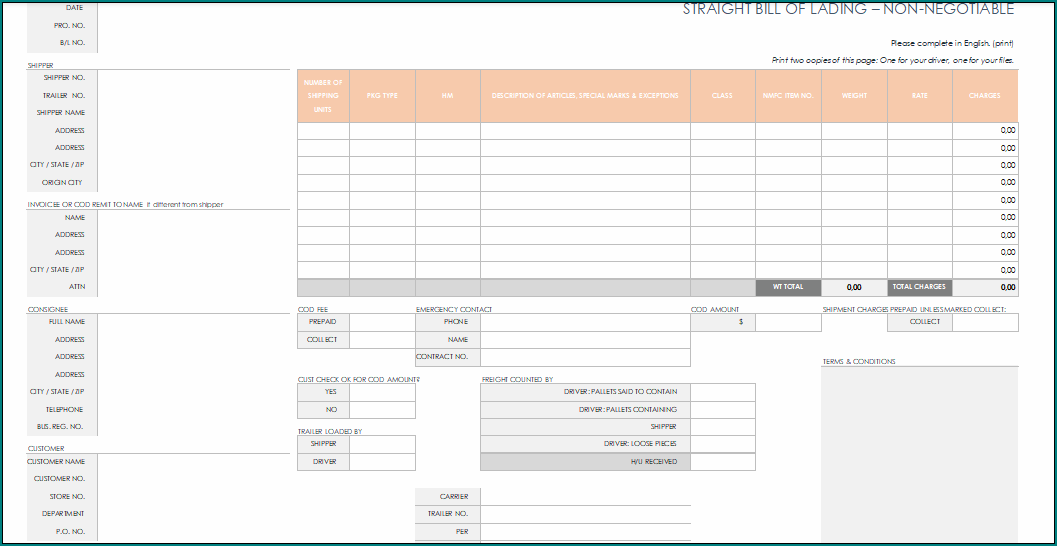 Straight Bill Of Lading Form