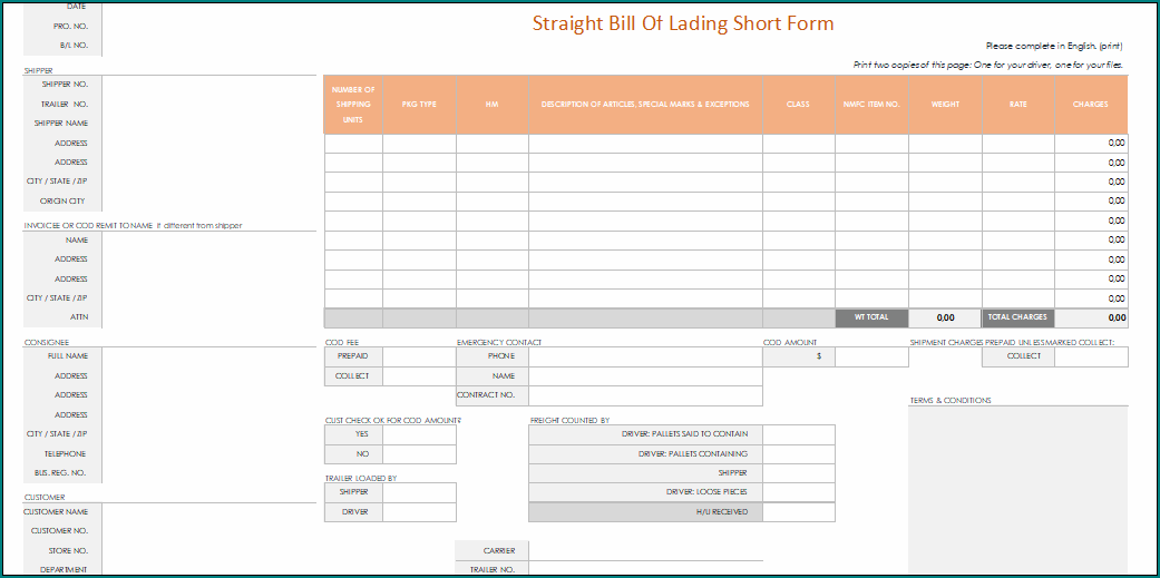 Straight Bill Of Lading Short Form