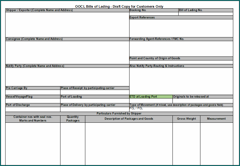 Straight Bill Of Lading Template