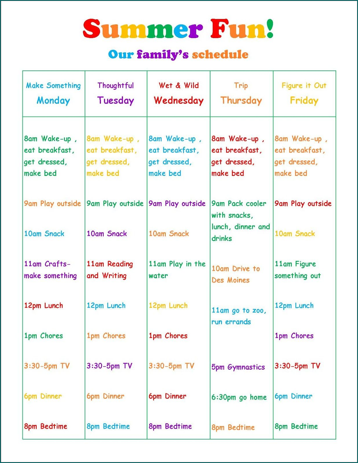 Summer Daily Schedule Template Sample