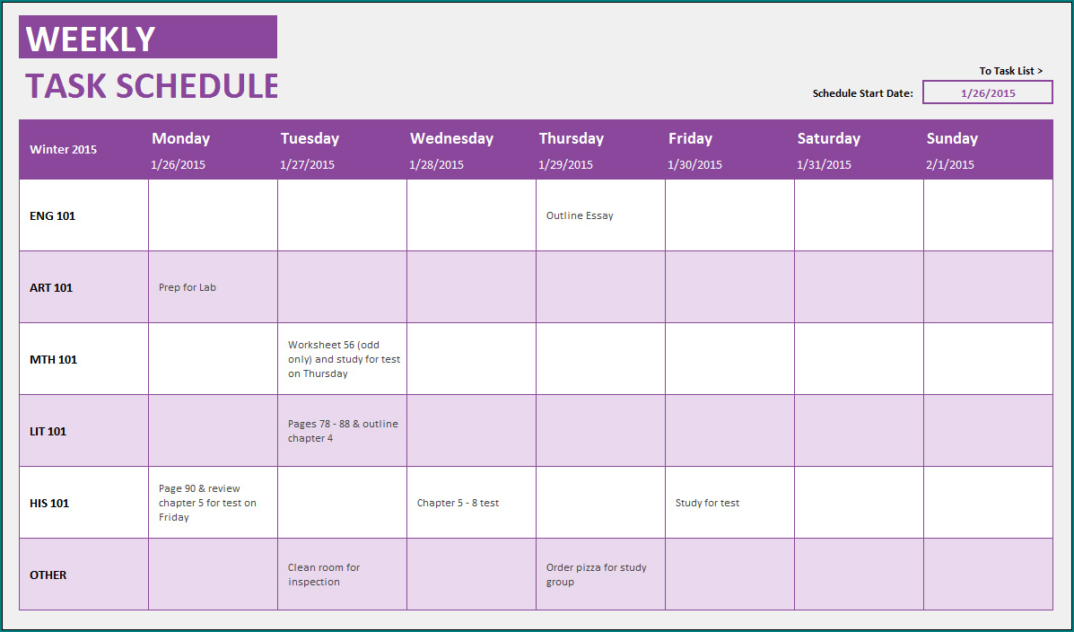 Task List Template Excel Example