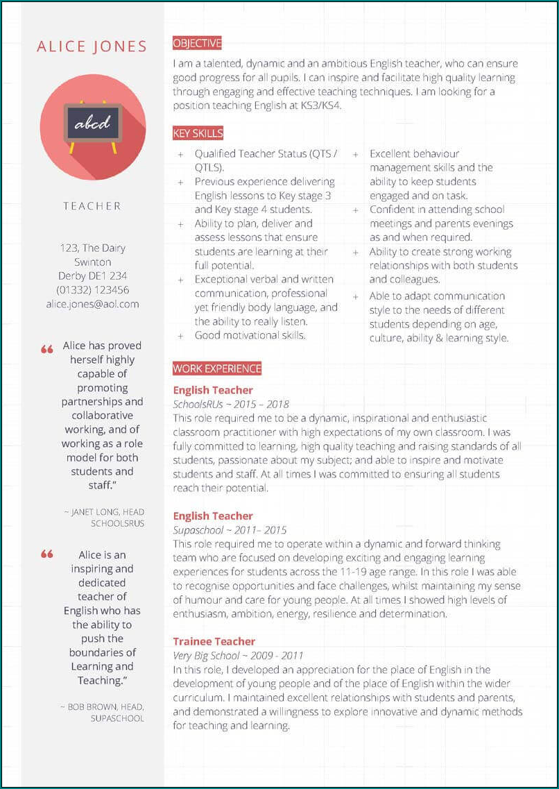 Teacher Resume Template Example