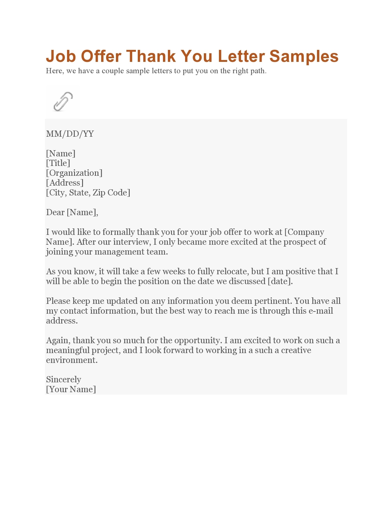 Thank You Letter Template for a Job Offer Thank You Letter Template for a Job Offer
