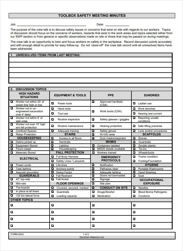 Toolbox Safety Meeting Minutes Template Toolbox Safety Meeting Minutes Template