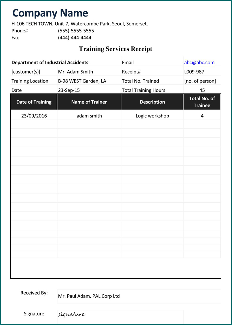 Training Receipt Template Sample