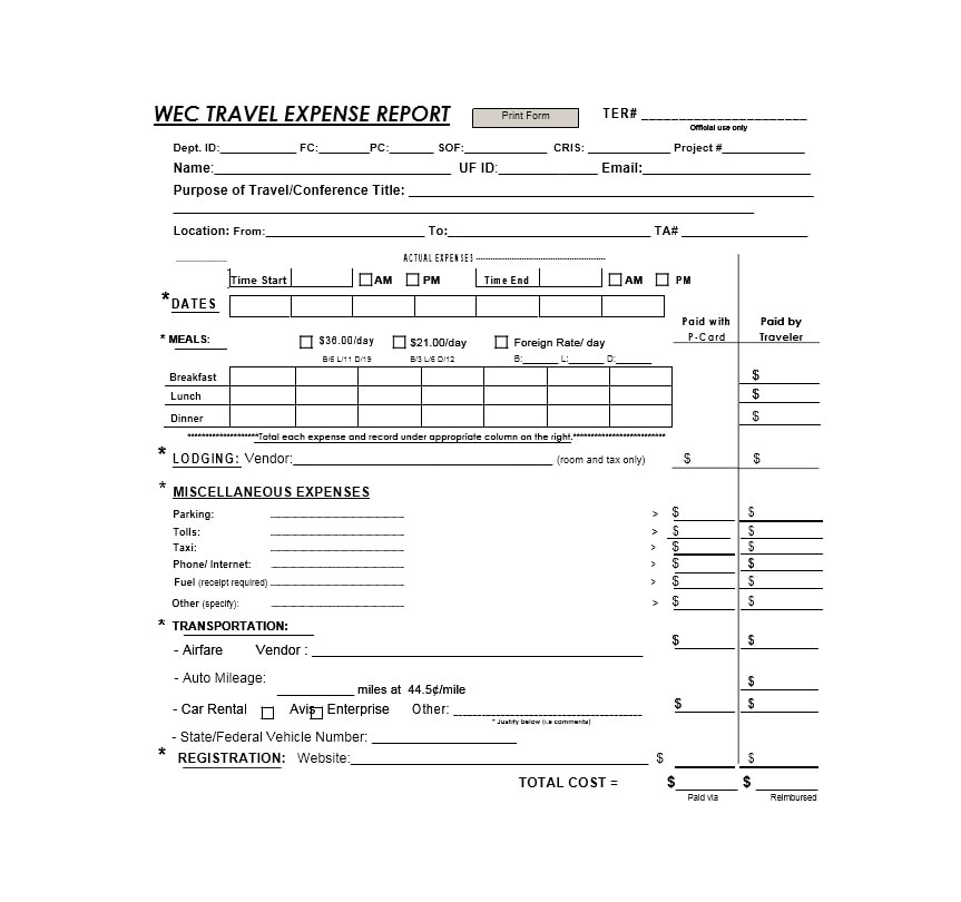 Travel Expense Report Template Travel Expense Report Template