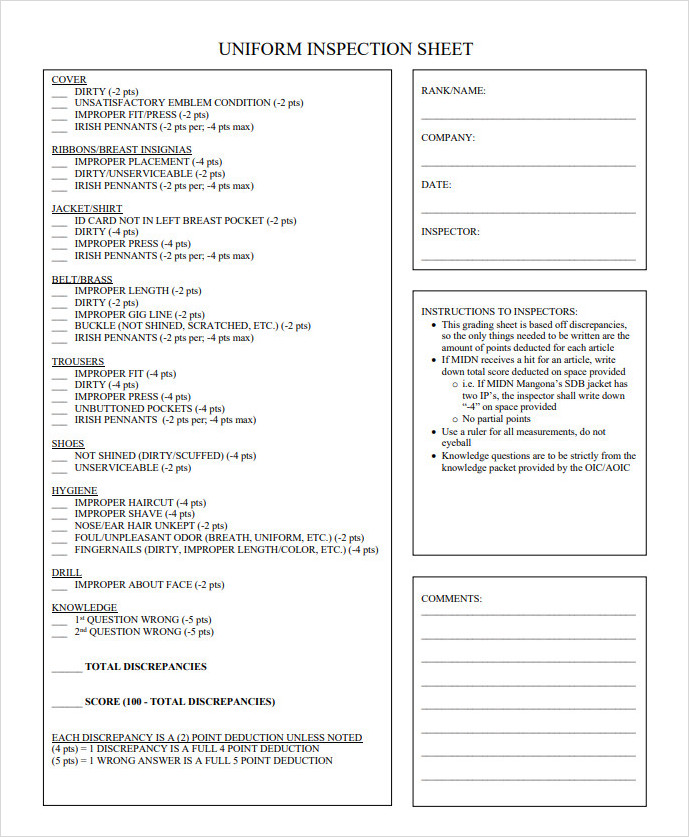 Uniform Inspection Sheet Template Uniform Inspection Sheet Template