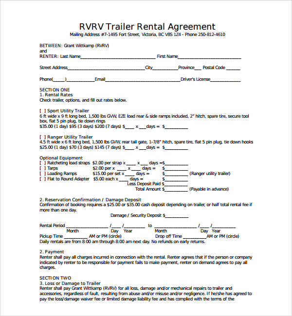 Utility Trailer Rental Agreement Template Example Utility Trailer Rental Agreement Template Example