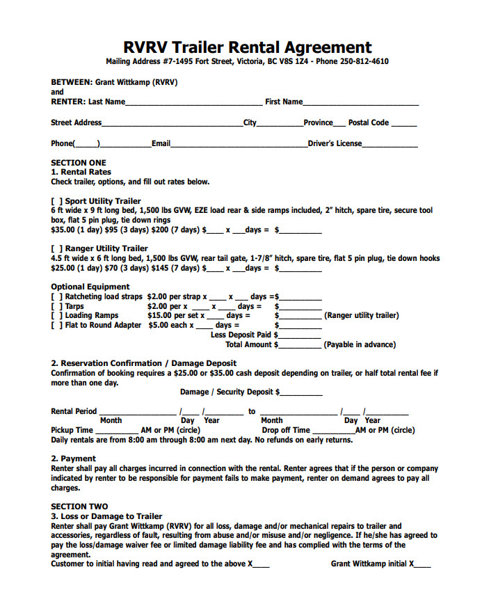 Utility Trailer Rental Agreement Template Utility Trailer Rental Agreement Template