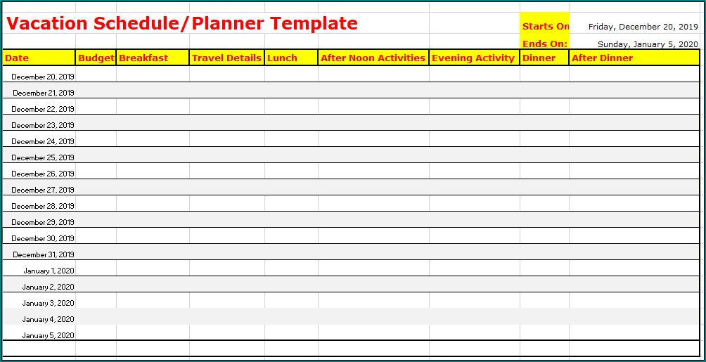 Vacation Schedule Template Example