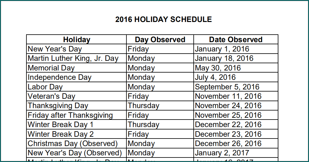 Vacation Schedule Template