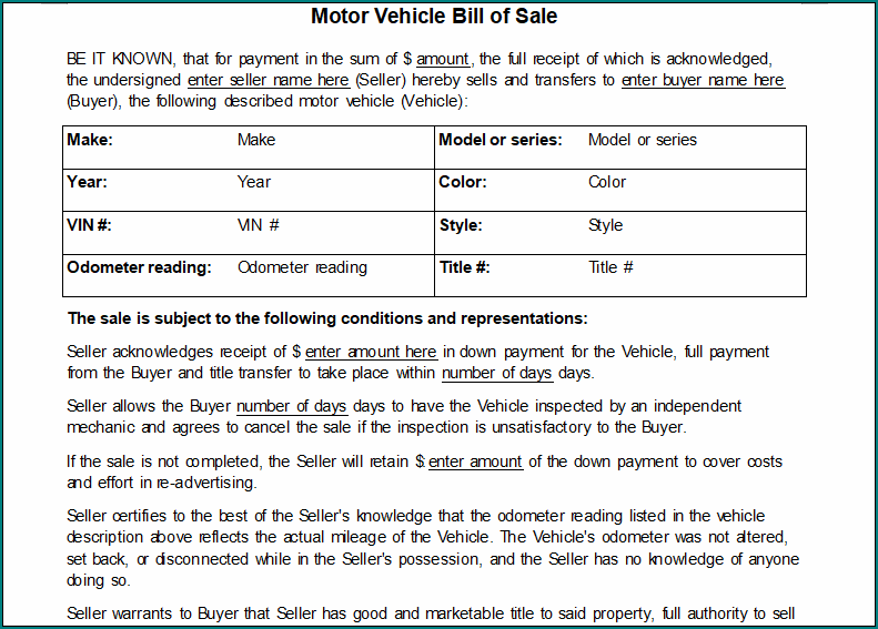 Vehicle Bill Of Sale Template Word
