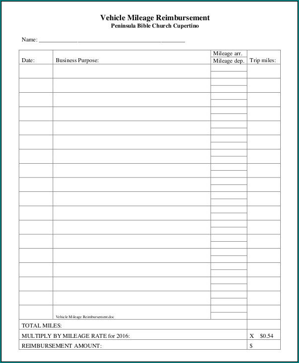 Vehicle Mileage Log With Reimbursement Form Sample