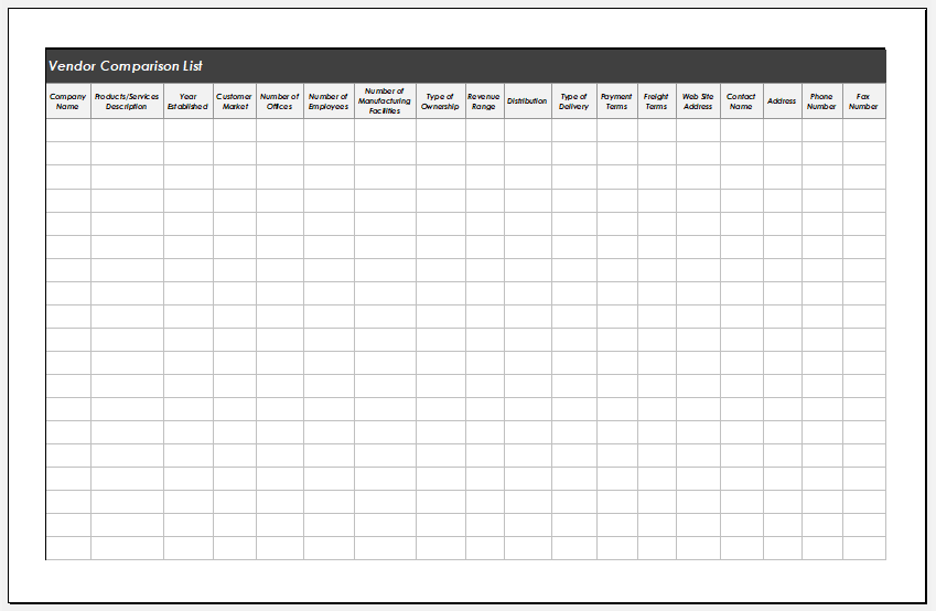 Vendor Comparison List Template Sample Vendor Comparison List Template Sample