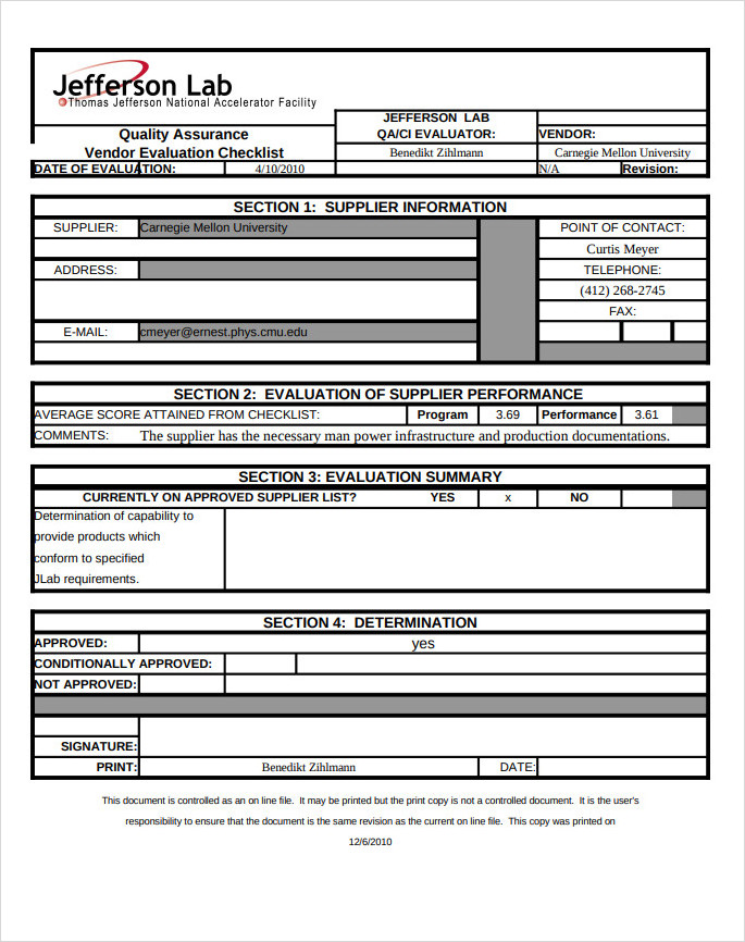 Vendor Evaluation Audit Checklist Template Vendor Evaluation Audit Checklist Template