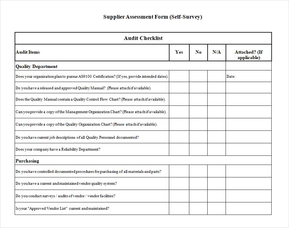 Vendor Supplier Assessment Audit Checklist Form Template Vendor Supplier Assessment Audit Checklist Form Template