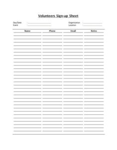 Volunteer Sign up Worksheet Template