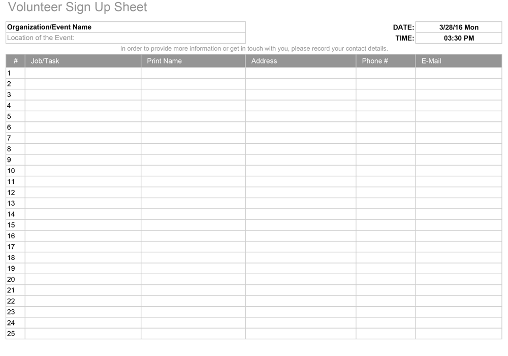 Volunteer Sign up Worksheet Template Example Volunteer Sign up Worksheet Template Example