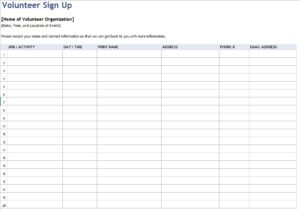 Volunteer Sign up Worksheet Template Sample