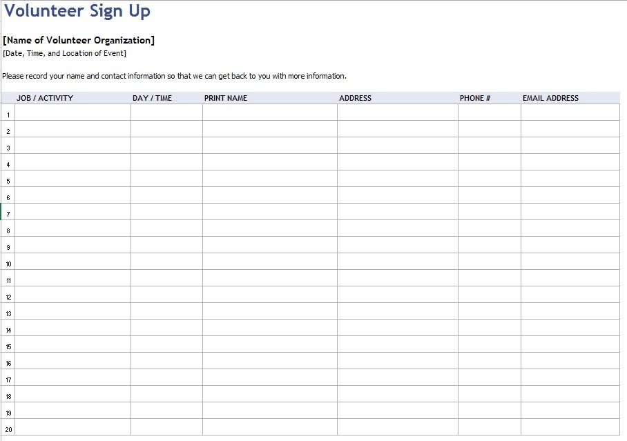 Volunteer Sign up Worksheet Template Sample Volunteer Sign up Worksheet Template Sample