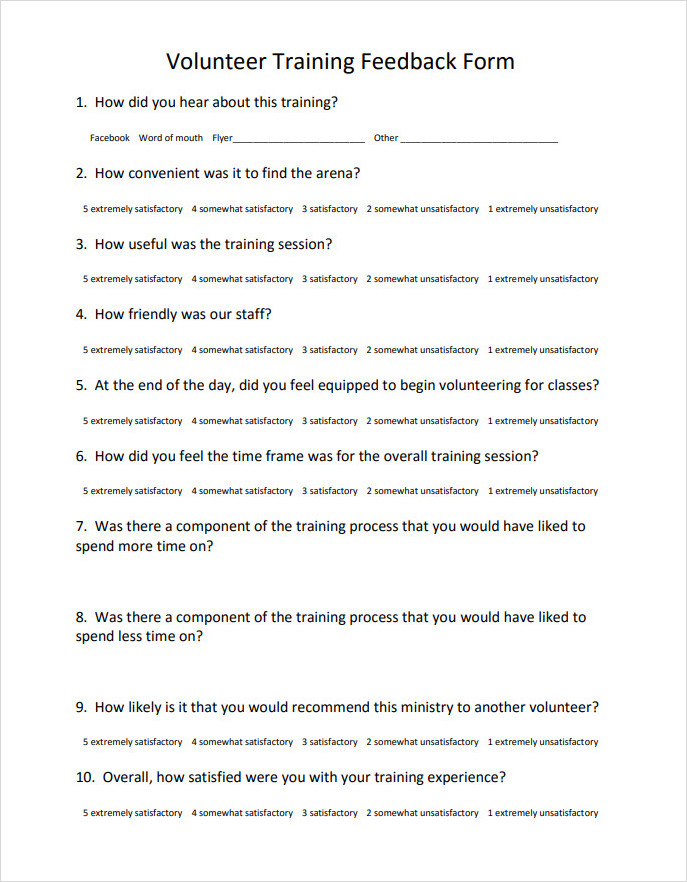 Volunteer Training Feedback Form Volunteer Training Feedback Form