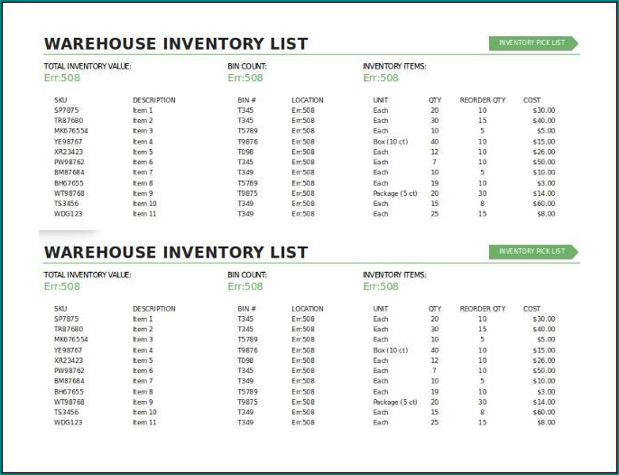 Warehouse Inventory List Template Sample