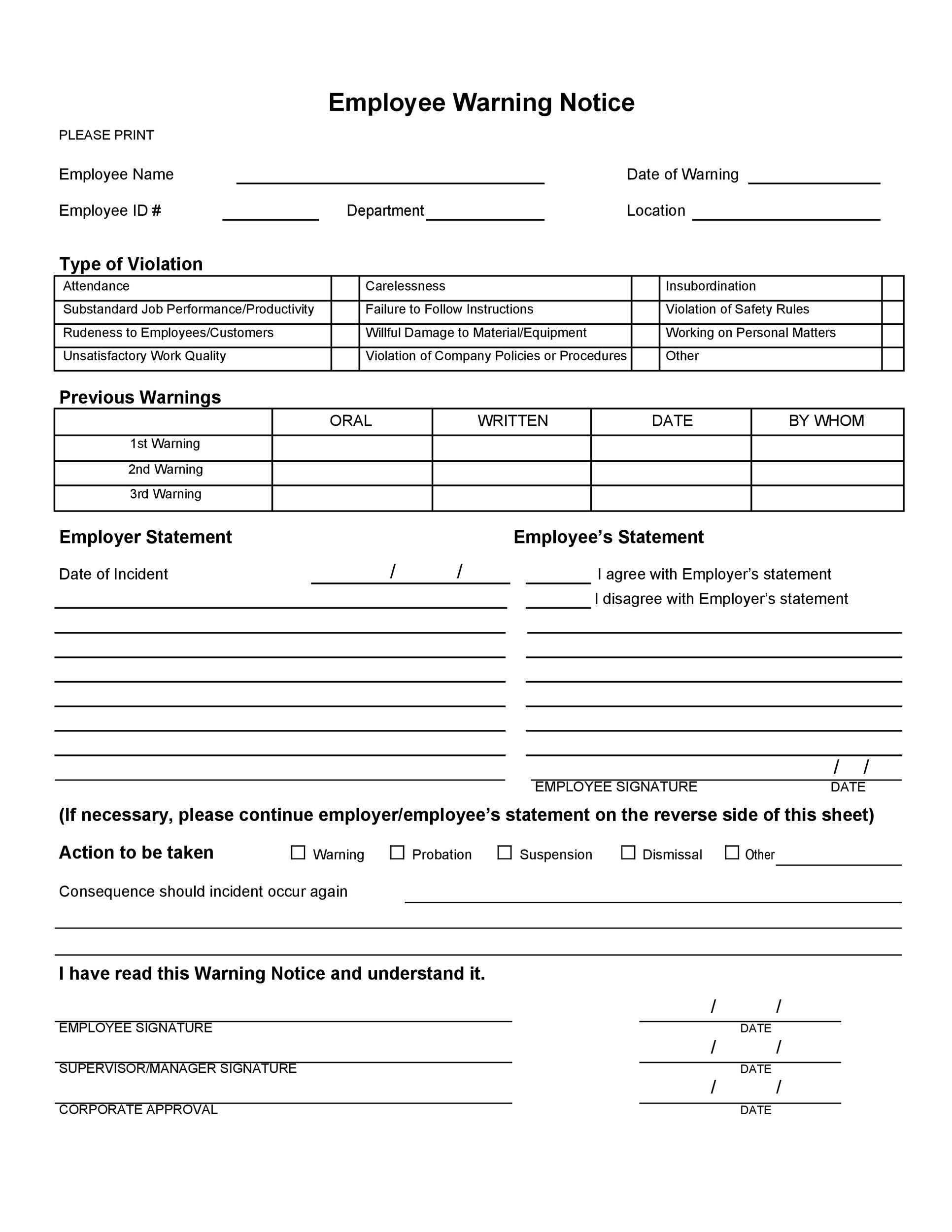 Warning Notices Template For Employees Sample Warning Notices Template For Employees Sample