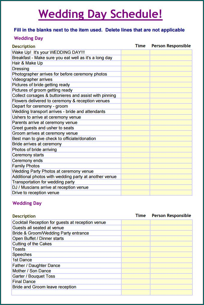 Wedding Day Schedule Template Sample