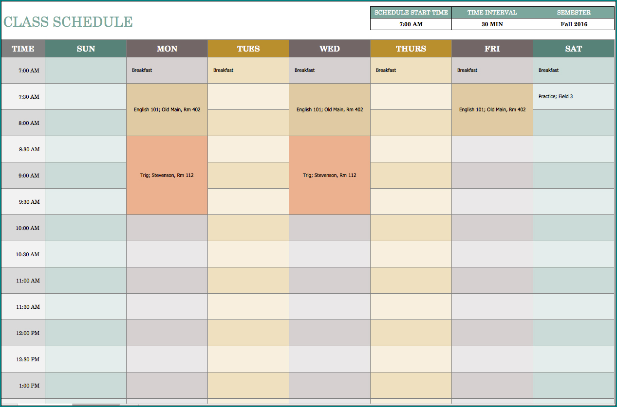 Weekly Class Schedule Template Example