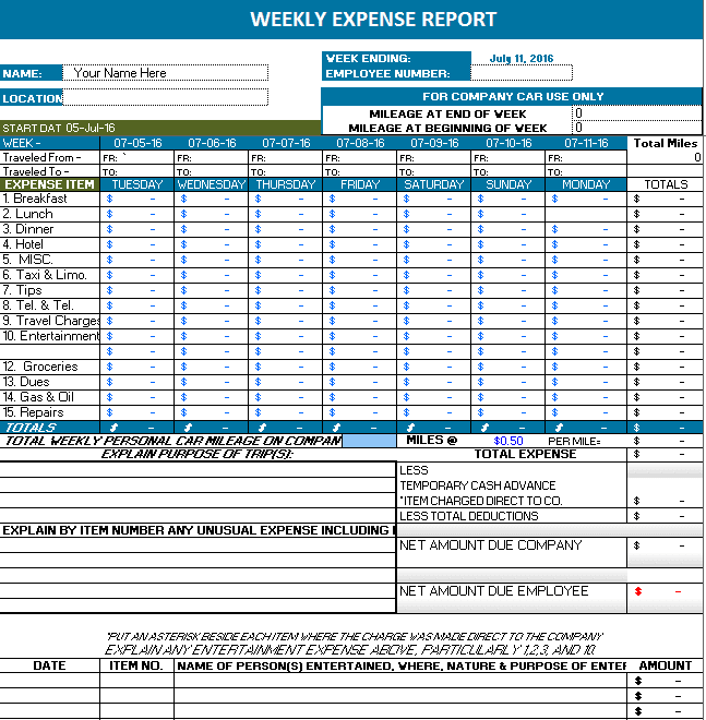 Weekly Expense Report Template Weekly Expense Report Template