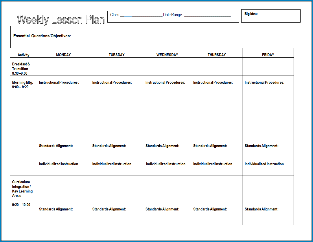 Weekly Lesson Planner Template Weekly Lesson Planner Template