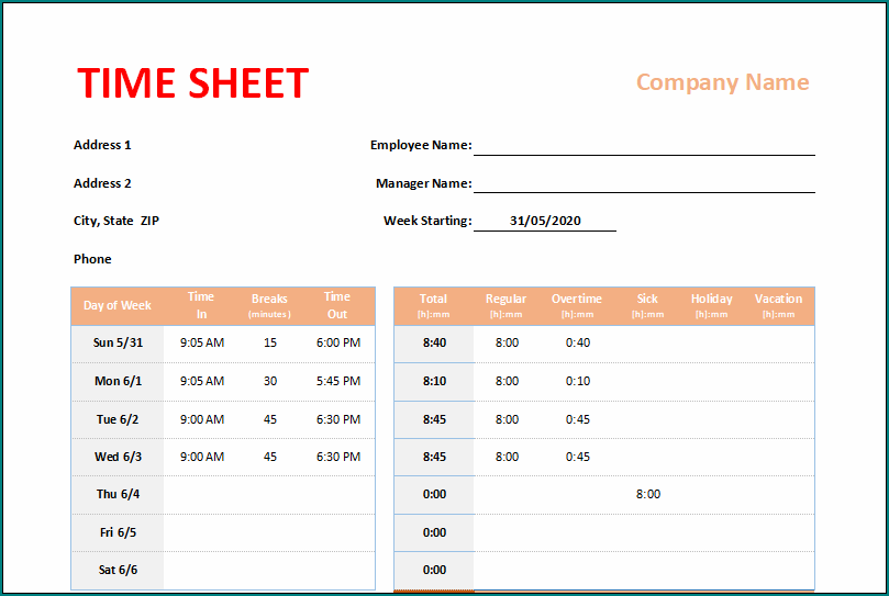 Weekly Timesheet Template