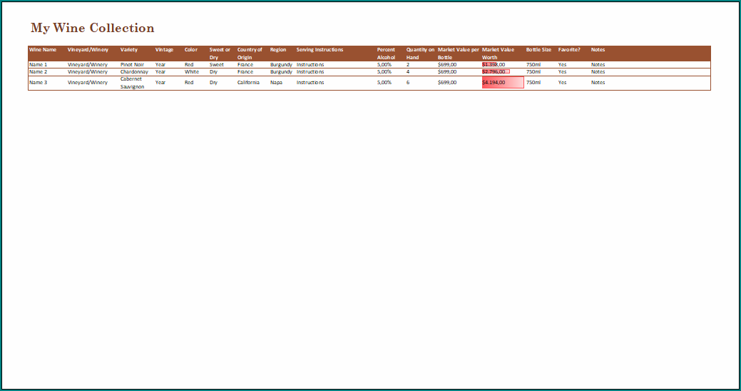 Wine Collection Inventory Template