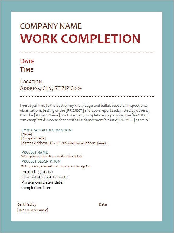 Work Completion Template Work Completion Template