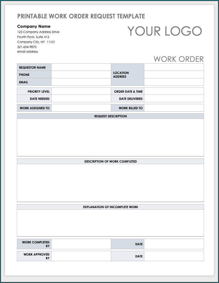 Work Order Form Template Sample
