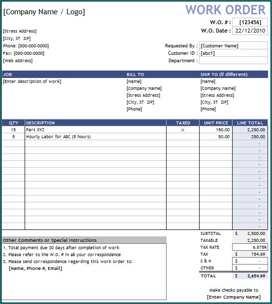 Work Order Template Excel Example