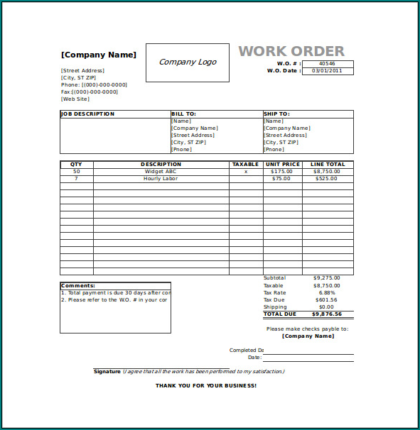 Work Order Template Excel Sample