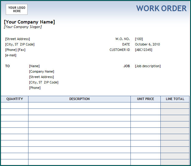 Work Order Template Word Example