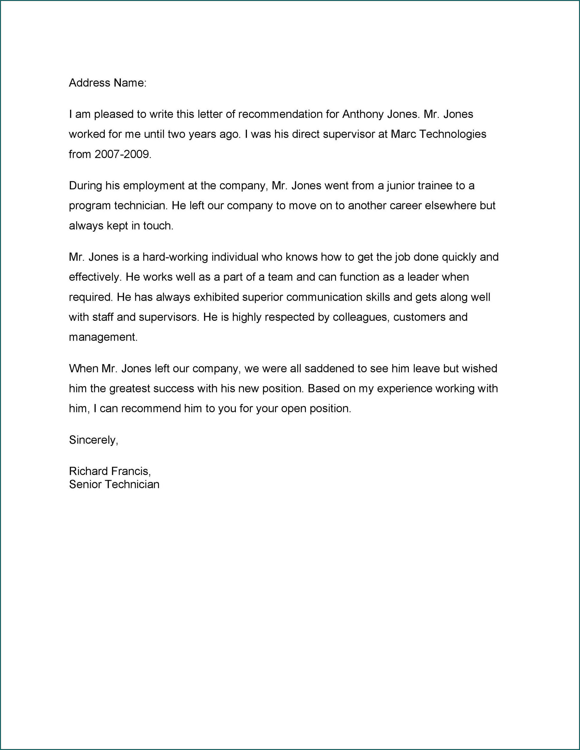 Work Recommendation Letter Example