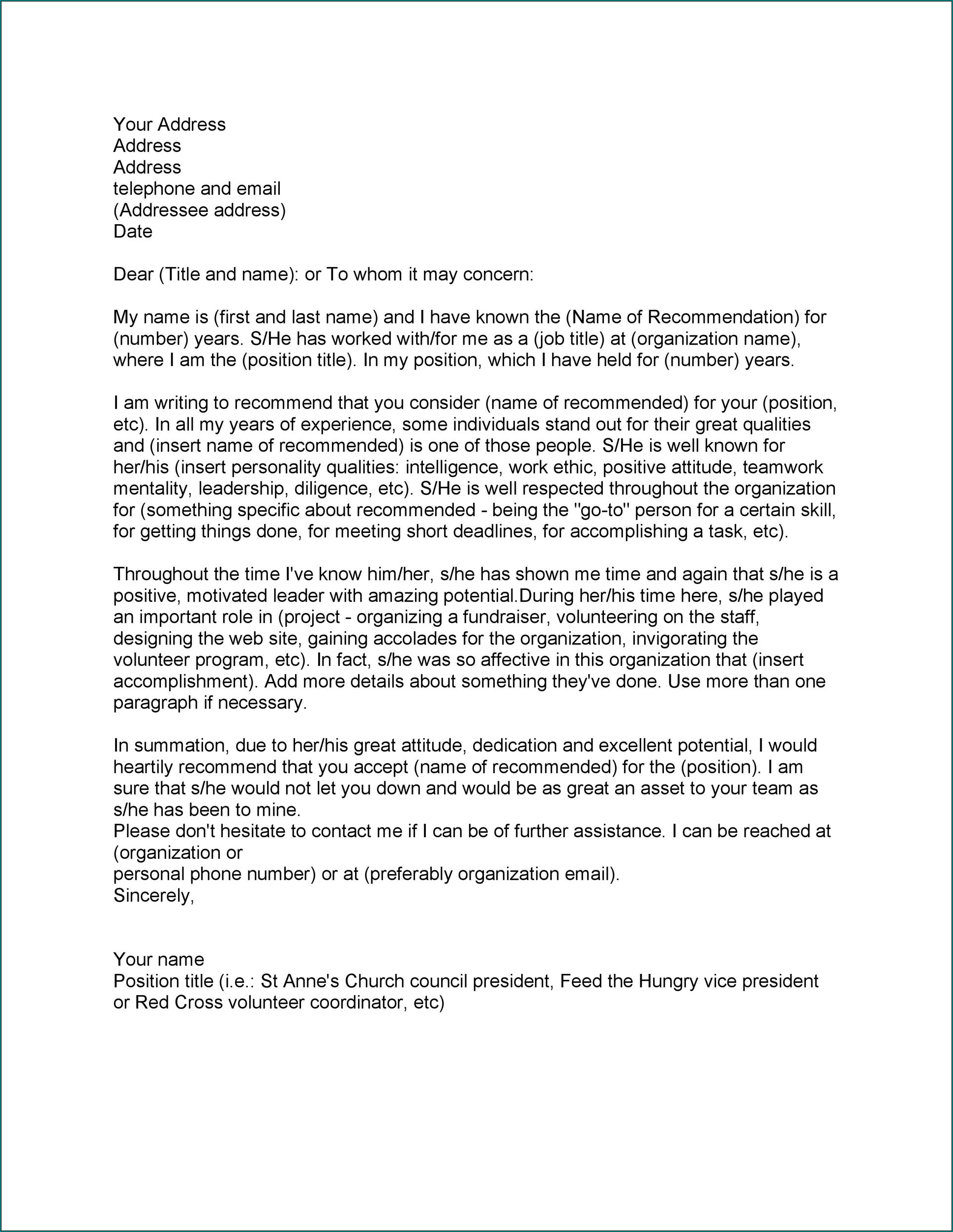 Work Reference Letter Example