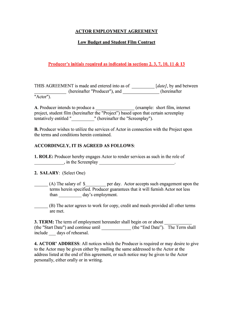 sample actor agreement template sample actor agreement template