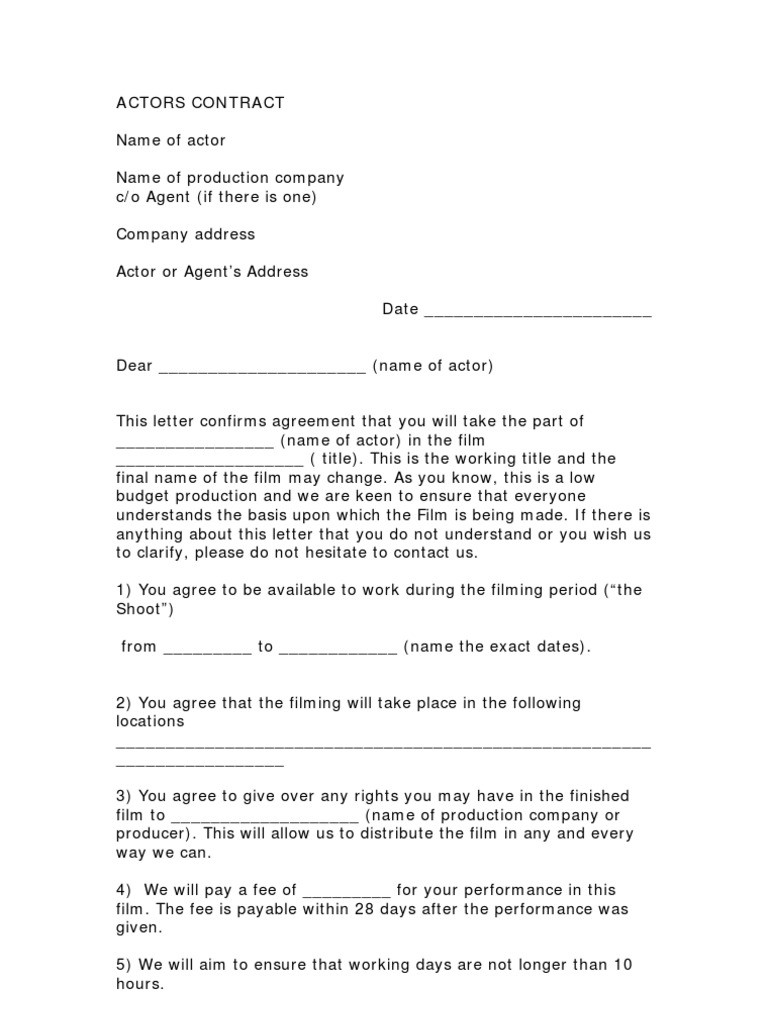 sample actor agreement template sample actor agreement template
