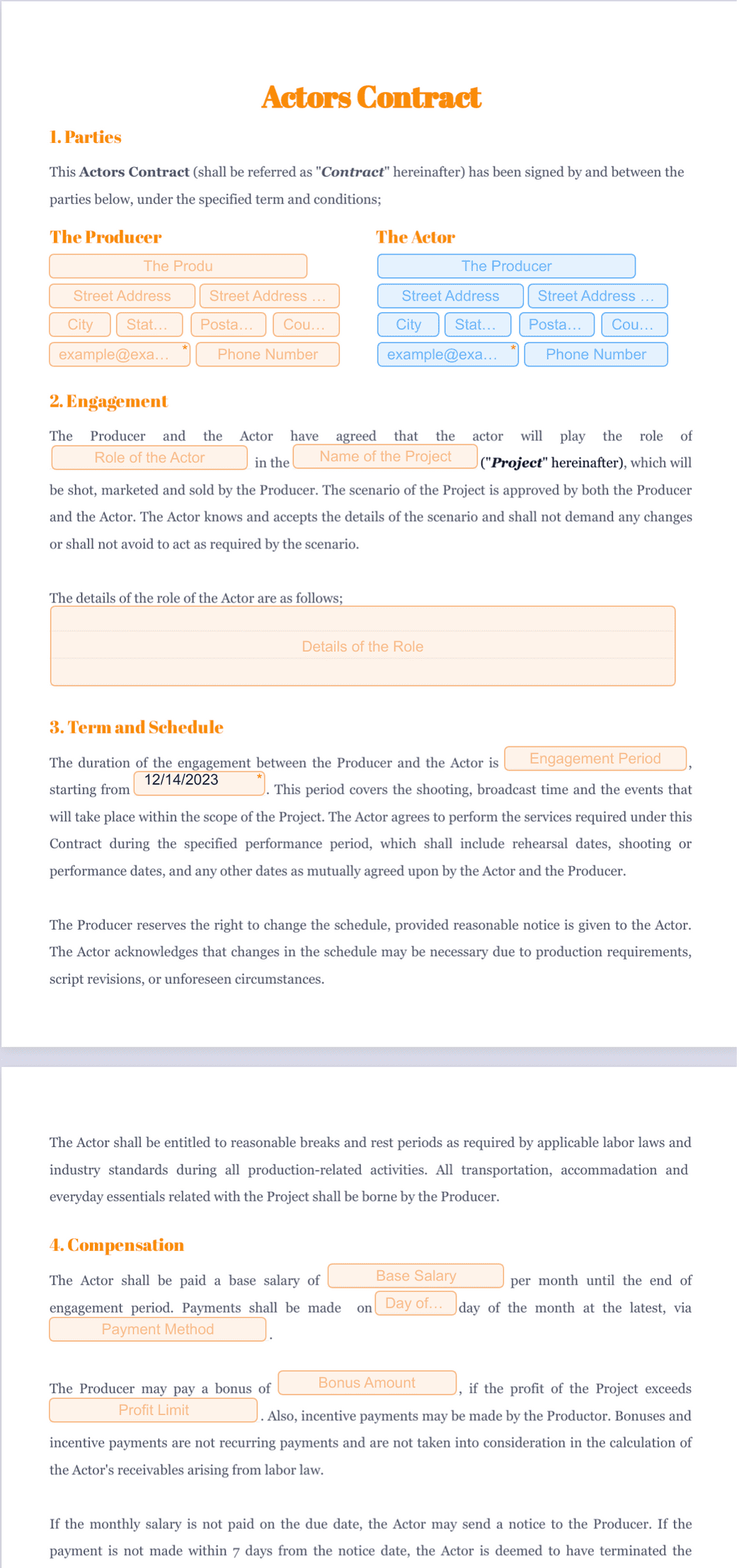 sample actor agreement template sample actor agreement template